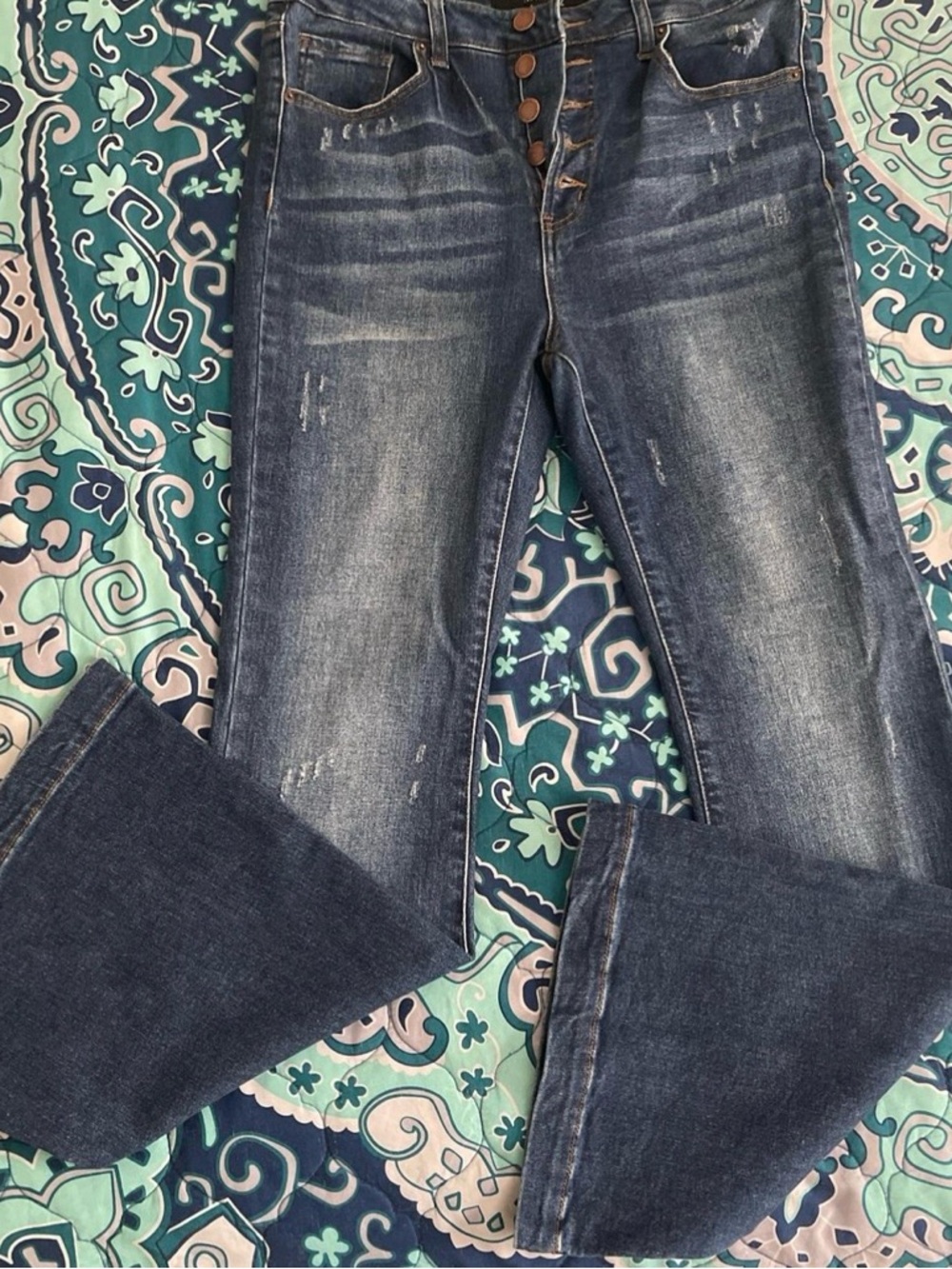 Women's Distressed Mid Wash Button-Fly Flare Jeans